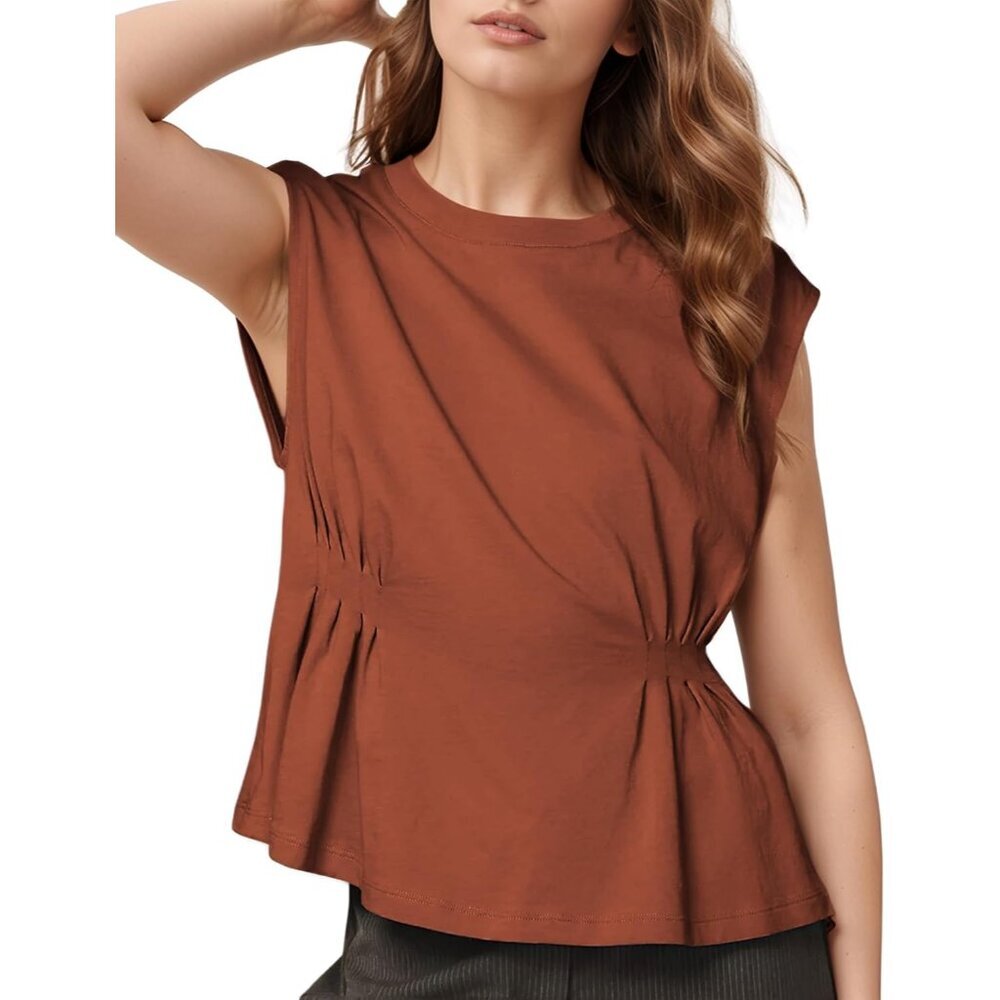 Women Summer Babydoll Top Cotton Blend Pleated Peplum Fit Flare Casual